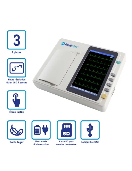 ECG 3 pistes avec interprétation écran tactile couleur 7" - MÉDICLINIC