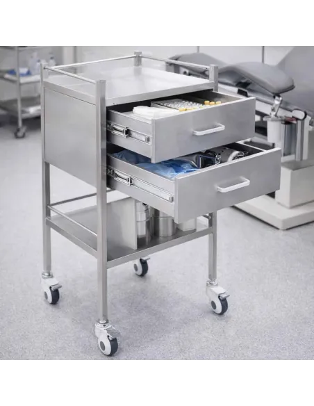 Gueridon médical en inox à 2 Tiroirs - MEDICLINIC