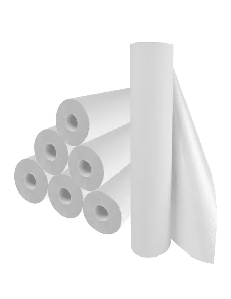 Draps d'examen plastifiés 50X38 cm de 12 microns 23 g/m² - Blanc - 6 rouleaux de 180 formats