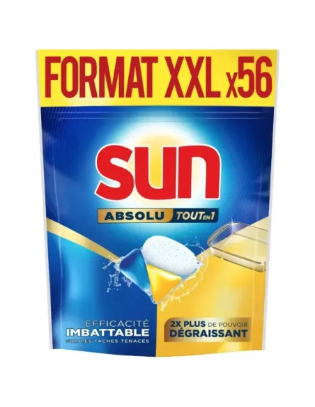 Capsules de lave-vaisselle Sun Absolu tout-en-un dégraissant, boîte de 56 unités