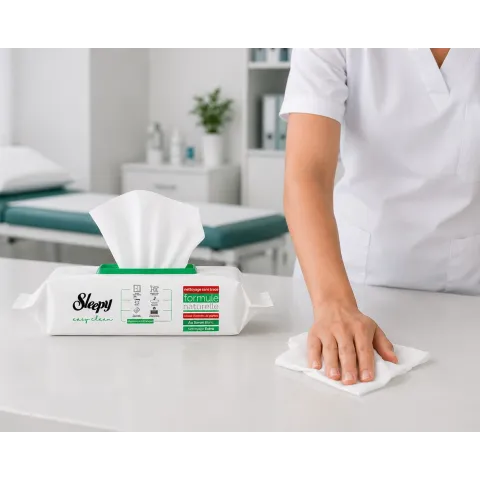 Professionnel de santé utilisant les lingettes nettoyantes sleepy easy clean