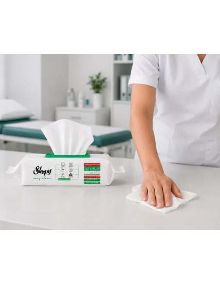 Professionnel de santé utilisant les lingettes nettoyantes sleepy easy clean