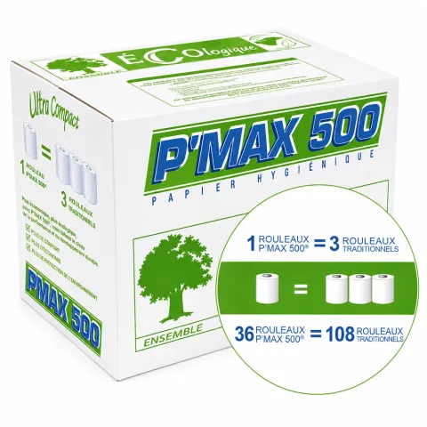 Papier toilette P'MAX 500 pure ouate 2 plis - 36 rouleaux