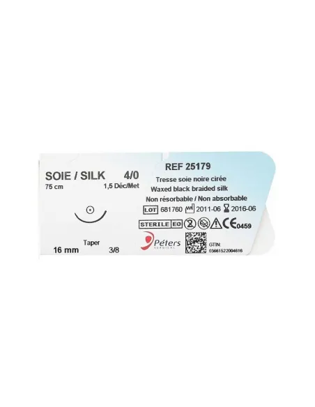 Tresse de soie noire non résorbable enduite de cire naturelle