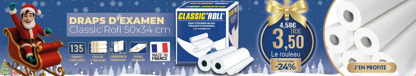 Draps d’examen Classic’Roll – 12 rouleaux de 135 formats prédécoupés, double épaisseur, fabriqués en France, à partir de 3,49 € TTC.