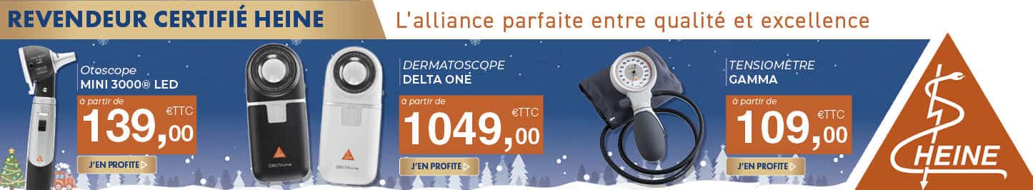 Revendeur certifié Heine – Otoscope MINI 3000 LED, dermatoscope Delta One et tensiomètre Gamma, instruments médicaux de qualité.